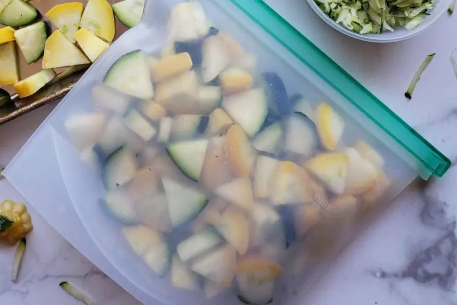 Chopped zucchini prepped and ready to freeze